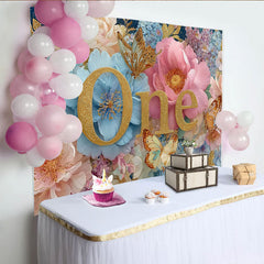 Lofaris Royal Floral First Birthday Photography Backdrop, Golden ONE and Butterfly Photo Background