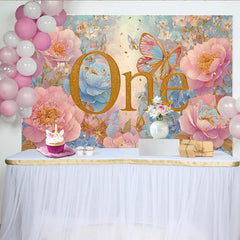 Lofaris Dreamy Floral First Birthday Photography Backdrop, Golden ONE and Rose Photo Background