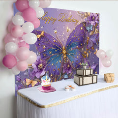 Lofaris Purple Butterfly Birthday Photography Backdrop, Gold Stars and Floral Photo Background