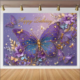 Lofaris Purple Butterfly Birthday Photography Backdrop, Gold Stars and Floral Photo Background