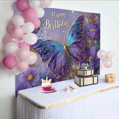 Lofaris Magical Blue and Purple Butterfly Birthday Backdrop, Floral Sparkle Photography Background