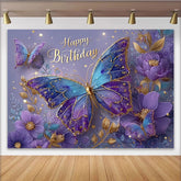 Lofaris Magical Blue and Purple Butterfly Birthday Backdrop, Floral Sparkle Photography Background