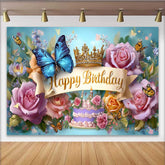 Lofaris Blue Butterfly Birthday Backdrop, Gold Crown Floral Background, Princess Cake Table Photography Prop
