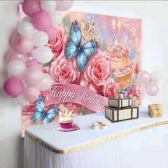 Lofaris Pink Rose Birthday Backdrop, Blue Butterfly Cake Background, Floral Princess Party Decoration Prop