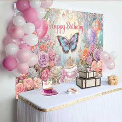 Lofaris Dreamy Butterfly Birthday Backdrop, Pastel Floral Balloon Background, Magical Forest Cake Table Prop