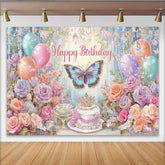 Lofaris Dreamy Butterfly Birthday Backdrop, Pastel Floral Balloon Background, Magical Forest Cake Table Prop