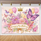 Lofaris Watercolor Butterfly Birthday Backdrop, Pink Floral Gold Crown Background, Girl Princess Party Prop