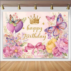 Lofaris Heart Balloon Birthday Backdrop, Watercolor Butterfly Crown Background, Sweet Girl Party Photography Prop