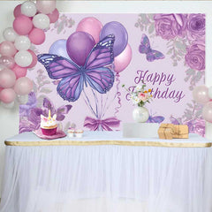Lofaris Purple Sketch Birthday Backdrop, Butterfly Balloon Floral Background, Vintage Drawing Art Party Prop