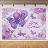 Lofaris Purple Sketch Birthday Backdrop, Butterfly Balloon Floral Background, Vintage Drawing Art Party Prop