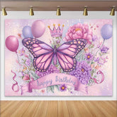 Lofaris Sparkle Butterfly Birthday Backdrop, Purple Pink Floral Crown Background, Magic Princess Party Photo Prop