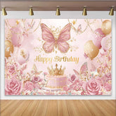 Lofaris Pink Gold Butterfly Backdrop, Luxury Crown Cake Background, Royal Princess Birthday Party Prop