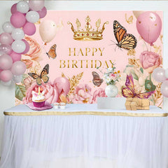 Lofaris Vintage Pink Floral Butterfly Birthday Backdrop, Gold Crown Princess Party Background, Girl Cake Table Prop