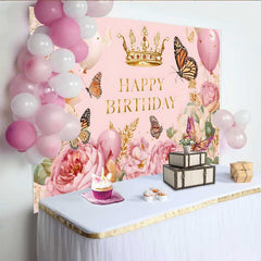 Lofaris Vintage Pink Floral Butterfly Birthday Backdrop, Gold Crown Princess Party Background, Girl Cake Table Prop
