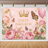 Lofaris Vintage Pink Floral Butterfly Birthday Backdrop, Gold Crown Princess Party Background, Girl Cake Table Prop