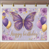 Lofaris Purple and Gold Butterfly Birthday Backdrop, Floral Balloon Party Background, Girl Bday Cake Table Banner