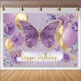 Lofaris Purple Floral Butterfly Birthday Backdrop, Gold Balloon Party Background, Girl Cake Smash Photography Prop