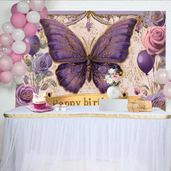 Lofaris Vintage Purple Butterfly Birthday Backdrop, Floral Gold Banner Party Background, Girl Princess Photo Prop