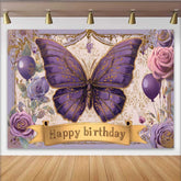 Lofaris Vintage Purple Butterfly Birthday Backdrop, Floral Gold Banner Party Background, Girl Princess Photo Prop