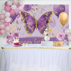 Lofaris Purple and Gold Butterfly Birthday Backdrop, Floral Balloon Party Background, Girl Bday Cake Table Decoration