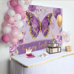 Lofaris Purple and Gold Butterfly Birthday Backdrop, Floral Balloon Party Background, Girl Bday Cake Table Decoration