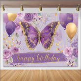 Lofaris Purple and Gold Butterfly Birthday Backdrop, Floral Balloon Party Background, Girl Bday Cake Table Decoration