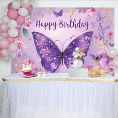 Lofaris Lilac Purple Butterfly Birthday Backdrop, Floral Garden Party Background, Spring Girl Bday Photo Booth Prop