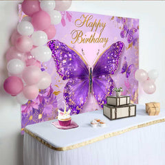 Lofaris Pink and Purple Butterfly Birthday Backdrop, Floral Fantasy Party Background, Girl Princess Photo Booth Prop