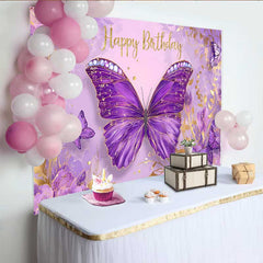 Lofaris Purple Jeweled Butterfly Birthday Backdrop, Gold Glitter Text Floral Background, Girl Princess Party Banner