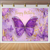 Lofaris Purple Jeweled Butterfly Birthday Backdrop, Gold Glitter Text Floral Background, Girl Princess Party Banner