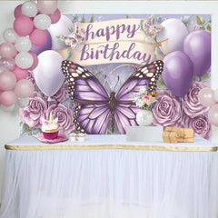 Lofaris Purple Monarch Butterfly Birthday Backdrop, Balloon Floral Scroll Banner Background, Girl Cake Table Prop
