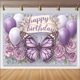 Lofaris Purple Monarch Butterfly Birthday Backdrop, Balloon Floral Scroll Banner Background, Girl Cake Table Prop