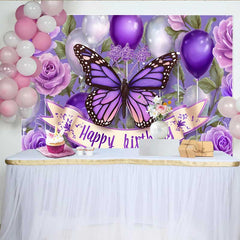 Lofaris Deep Purple Butterfly Birthday Backdrop, Balloon Floral Cake Smash Background, Girl Party Photography Prop