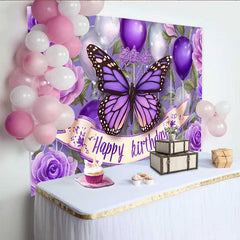 Lofaris Deep Purple Butterfly Birthday Backdrop, Balloon Floral Cake Smash Background, Girl Party Photography Prop
