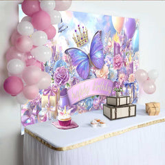 Lofaris Magical Blue Purple Butterfly Birthday Backdrop, Crown Gift Box Party Background, Girl Princess Photo Prop