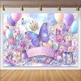 Lofaris Magical Blue Purple Butterfly Birthday Backdrop, Crown Gift Box Party Background, Girl Princess Photo Prop