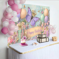 Lofaris Pastel Butterfly Crown Birthday Backdrop, Balloon Gift Box Party Background, Girl Princess Cake Smash Prop