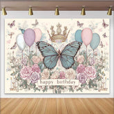 Lofaris Vintage Sketch Blue Butterfly Birthday Backdrop, Floral Crown Drawing Background, Girl Artistic Party Decor