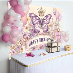 Lofaris Artistic Pink Purple Butterfly Birthday Backdrop, Crown Balloon Sketch Background, Girl Party Photo Banner