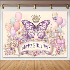 Lofaris Artistic Pink Purple Butterfly Birthday Backdrop, Crown Balloon Sketch Background, Girl Party Photo Banner