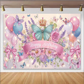 Lofaris Teal Butterfly Pink Bow Birthday Backdrop, Crown Balloon Floral Background, Girl Princess Party Decoration