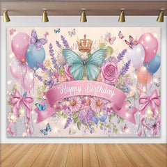 Lofaris Teal Butterfly Pink Bow Birthday Backdrop, Crown Balloon Floral Background, Girl Princess Party Decoration