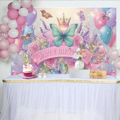 Lofaris Blue and Pink Butterfly Birthday Backdrop, Floral Crown Sparkle Background, Girl Fairy Princess Party Banner