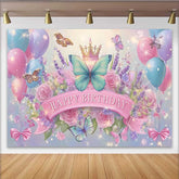 Lofaris Blue and Pink Butterfly Birthday Backdrop, Floral Crown Sparkle Background, Girl Fairy Princess Party Banner