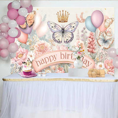 Lofaris Pastel Butterfly Floral Birthday Backdrop, Gold Crown Spring Garden Background, Girl Party Photography Prop