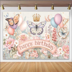 Lofaris Pastel Butterfly Floral Birthday Backdrop, Gold Crown Spring Garden Background, Girl Party Photography Prop