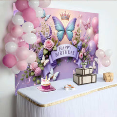 Lofaris 3D Purple and Blue Butterfly Birthday Backdrop, Crown Floral Balloon Background, Girl Princess Party Prop
