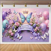 Lofaris 3D Purple and Blue Butterfly Birthday Backdrop, Crown Floral Balloon Background, Girl Princess Party Prop