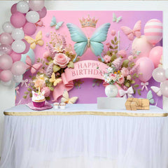 Lofaris 3D Mint and Pink Butterfly Birthday Backdrop, Striped Balloon Floral Background, Girl Sweet Bday Banner