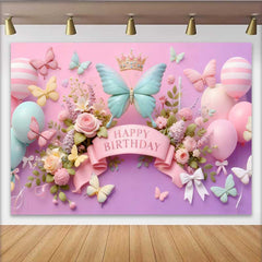 Lofaris 3D Mint and Pink Butterfly Birthday Backdrop, Striped Balloon Floral Background, Girl Sweet Bday Banner
